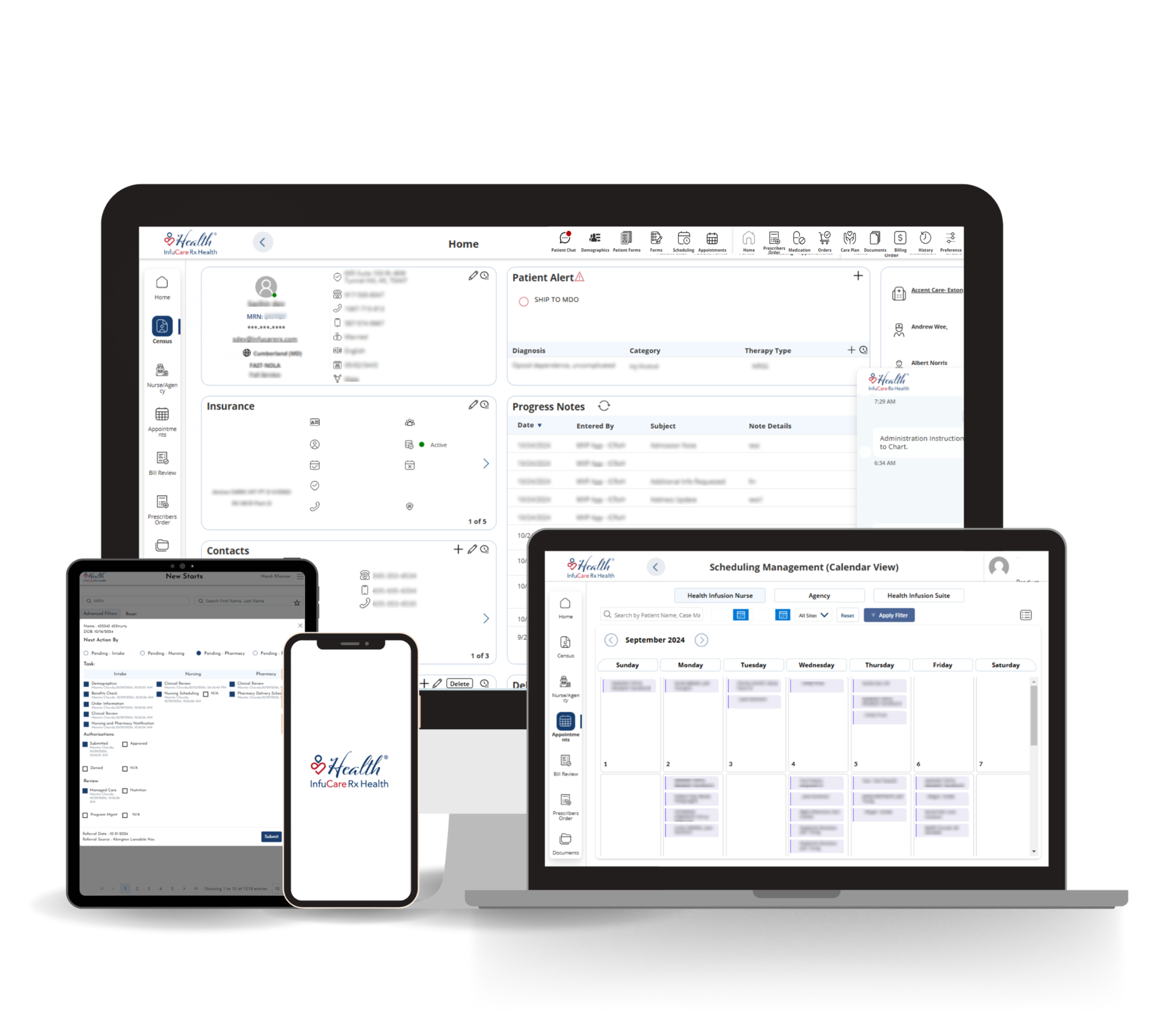 Screenshots of various screens of InfuCare Rx's Health App on different devices
